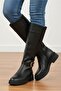Black Zippered Buckle Detailed Flexible Diving Fabric Below-The-Knee Women's Boots - 5
