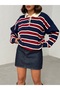 Women's Navy Blue Polo Neck Striped Knitwear Sweater - 4