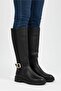 Black Zippered Buckle Detailed Flexible Diving Fabric Below-The-Knee Women's Boots - 4