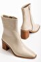 Beige Women's Thick Heeled Boots Patent Leather Blunt Toe Flat Bottom