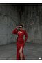 Stretchy Glitter Fabric Half Turtleneck Low-Cut Front Drawstring Detail Evening Dress 583034 Red - 2