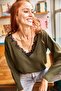 Women's Khaki Collar Lace Knitwear Blouse BLZ-19001605 - 3
