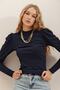 Women's Navy Princess Sleeve Half Turtleneck Ribbed Knit Blouse ALC-X5042 - 3