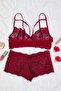 Bordo Tül Detaylı Dantel Kapsız Örme İç Çamaşırı Takımı THMAW26CC00021 - 8