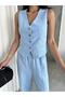 Blue 100% Cotton Lavin Linen Vest Pants Set - 2