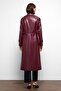Epaulet Detailed Double Breasted Leather Trench Coat Bordo 6756 - 7