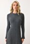 Crew Neck Thick Ribbed Long Knit Dress Gray 9363-E - 3