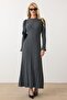 Crew Neck Thick Ribbed Long Knit Dress Gray 9363-E