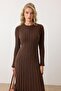 Crew Neck Thick Ribbed Long Knit Dress Brown 9363-E - 2
