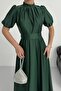 Nil Navy Blue Flared Skirt Short Sleeve Midi Length Satin Evening Dress Emerald Green - 6