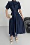 Nil Navy Flared Skirt Short Sleeve Midi Length Satin Evening Dress Navy - 8