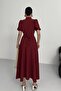 Nil Navy Blue Flared Skirt Short Sleeve Midi Length Satin Evening Dress Burgundy - 4