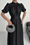 Nil Navy Flared Skirt Short Sleeve Midi Length Satin Evening Dress Black - 7