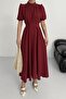 Nil Navy Blue Flared Skirt Short Sleeve Midi Length Satin Evening Dress Burgundy - 8