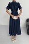 Nil Navy Flared Skirt Short Sleeve Midi Length Satin Evening Dress Navy - 7