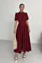 Nil Navy Blue Flared Skirt Short Sleeve Midi Length Satin Evening Dress Burgundy
