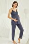 Women's Navy Blue Maternity Pajamas Set with Dressing Gown 18432 - 6