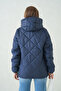 Women's Baklava Pattern Hooded Navy Blue Ultra Light Seasonal Coat - 5