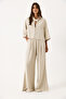 Women's Short Sleeve Striped Oversized Shirt - Beige Striped - 2