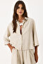 Women's Short Sleeve Striped Oversized Shirt - Beige Striped - 4