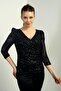 Women's Double Breasted Collar Front Draped Lined Pulpayet Long Sleeve Blouse