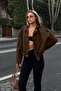Brown Lined Suede Bomber Women's Cropped Coat with Epaulet Detail - 3