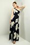 Women's One Shoulder Side Window Large Leaf Print Long Crepe Satin Dress