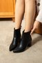 Windy Women's Black Leather Pointed Toe Zippered Thick Heeled Short Boots Bootie - 2