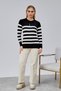 Striped Wool Women's Trendy Knitwear Sweater with Collar and Cuff Button Detail - 5