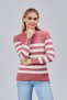 Striped Wool Women's Trendy Knitwear Sweater with Collar and Cuff Button Detail - 7