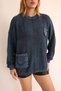 Women's Navy Blue Oversized Casual Cotton Knit Sweater Blouse with Bag Pockets and Vintage Detail - 5