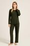 Khaki Green Striped Women's Pajama Set – Long Sleeve, Comfortable Fit, Soft Fabric, Stretchy