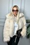 Shiny Feathered Leather Detailed Zippered Women's Beige Coat - 2