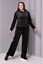Women's Plus Size Black, Hooded Stone Embroidered Velvet Tracksuit Set 65N39182