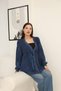 Women's Navy Blue Button Closure Vintage Detailed Loose Cotton Knitwear Long Cardigan Cap - 5