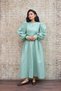 Green Seersucker Pleated Long Women's Dress - 3