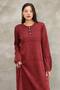 Women's Burgundy Button Detailed Round Neck Long Sleeve Vintage Detailed Loose Cotton Knitwear Long Dress - 6