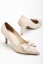 Plus Size Women's Stiletto Thin Heeled Shoes Beige Satin Bowknot