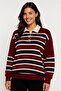 Burgundy Striped Buttoned Polo Neck Knit Sweater - 4