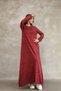 Women's Burgundy Button Detailed Round Neck Long Sleeve Vintage Detailed Loose Cotton Knitwear Long Dress - 5