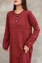 Women's Burgundy Button Detailed Round Neck Long Sleeve Vintage Detailed Loose Cotton Knitwear Long Dress - 7