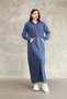 Women's Navy Blue Hooded Kangaroo Pocket Vintage Detailed Cotton Long Sleeve Knitwear Long Dress - 4