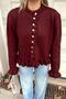 Burgundy Crew Neck Ruffle Detailed Buttoned Women's Knitwear Cardigan - 5