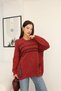 Women's Burgundy Round Neck Distressed and Ripped Detailed Pocketed Long Sleeve Loose Cotton Knitwear Sweater Blouse - 3