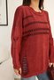 Women's Burgundy Round Neck Distressed and Ripped Detailed Pocketed Long Sleeve Loose Cotton Knitwear Sweater Blouse - 7