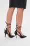 Black Leather Tie Back 8.5cm Pointed Toe Stiletto Women's High Heels - 6