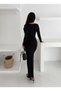 Women's Black Double-Breasted V-Neck Dress with Side Slits and Draped Long Sleeves, Midi Length, Lined - 3