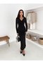 Women's Black Double-Breasted V-Neck Dress with Side Slits and Draped Long Sleeves, Midi Length, Lined - 7