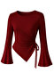 Burgundy Crew Neck Draped Detail Bell Sleeve Modest-Compatible Top Blouse - 3