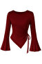 Burgundy Crew Neck Draped Detail Bell Sleeve Modest-Compatible Top Blouse - 4